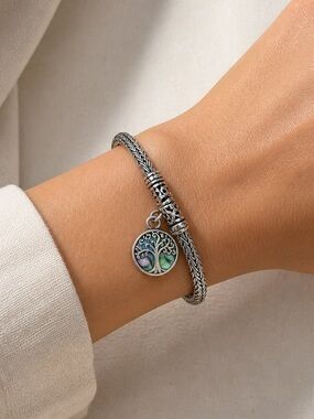 Tree of Life Silver Charm Bracelet with Green-Blue Enamel
